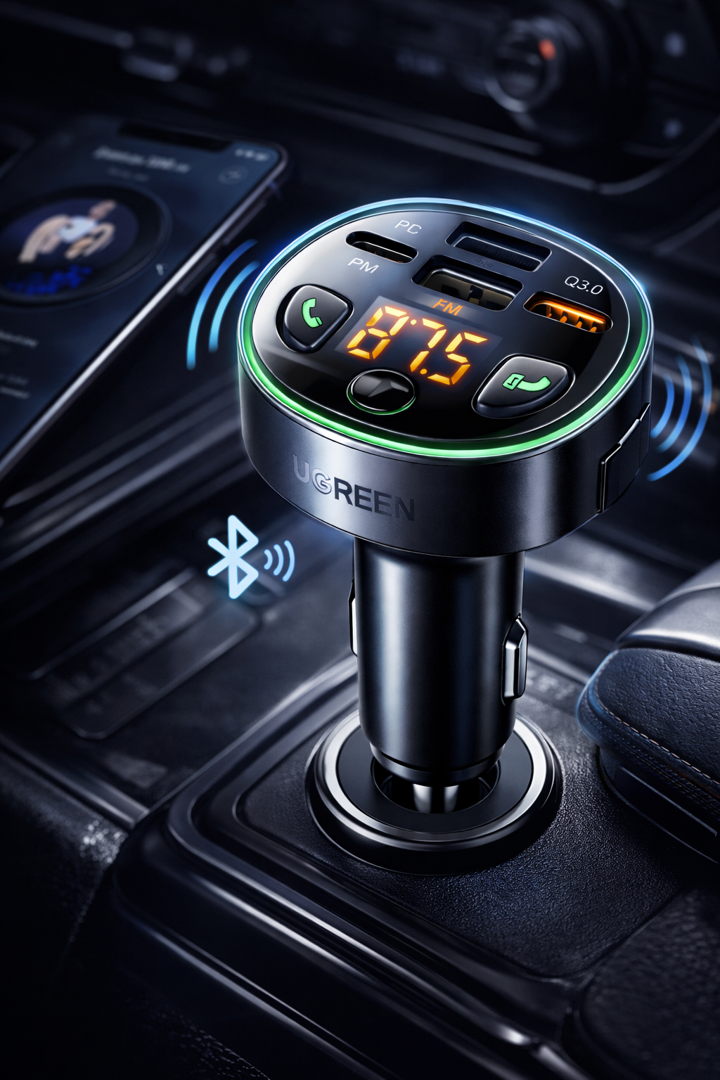 Ugreen Car Charger With FM Modulator PD 2x Usb 1x Type-C Bluetooth QC 3.0 Car Charger 80910 CD229