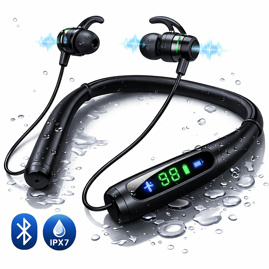 Wireless Neckband Bluetooth Headphones Waterproof Noise Cancelling Earbuds with LED Display